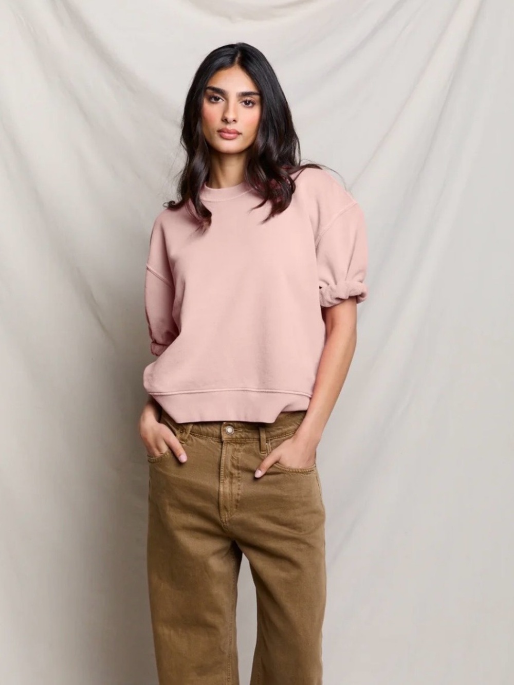 perfectwhitetee Short Sleeve Rebecca Cotton Sweatshirt in Blush Size XS